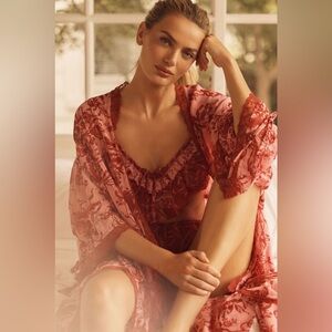 Anthropologie LyreBird Embroidered Lace-Trim Kimono in Pink